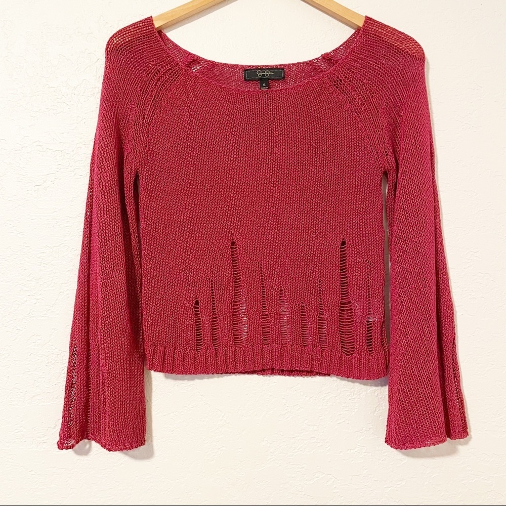 Jessica Simpson Sweater Top Bell Sleeve Crop Size Small Maroon crochet boho chic